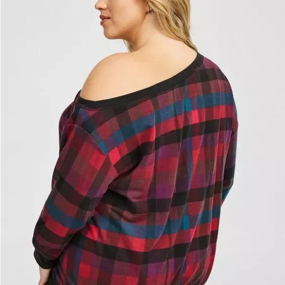 NWT Torrid Red Plaid Off-Shoulder French Terry Top – Size 1 - Picture 3 of 6